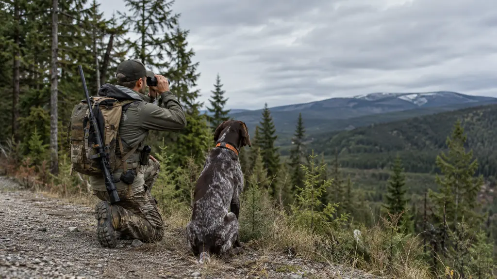 A hunter kneeling at the edge of a timber road, glassing a distant ridge through binoculars, with a dog sitting nearby