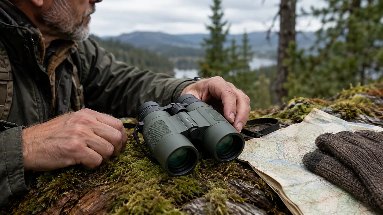 A pair of 10x42 binoculars resting on a mossy log beside a wool glove and a worn map