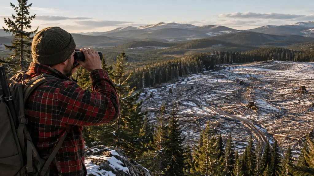 A hunter glassing a snow-dusted logging cut from a ridge, binoculars raised